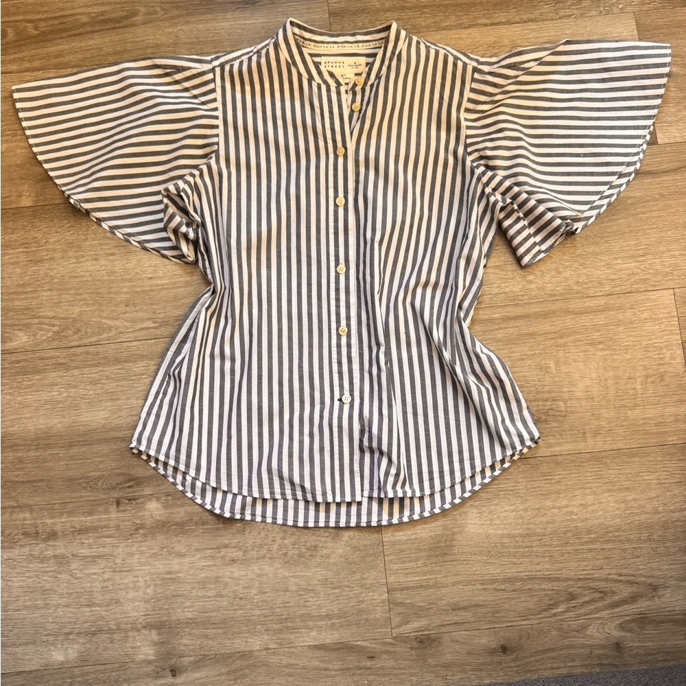 Kate Spade Brown and White Flutter Sleeve Blouse
